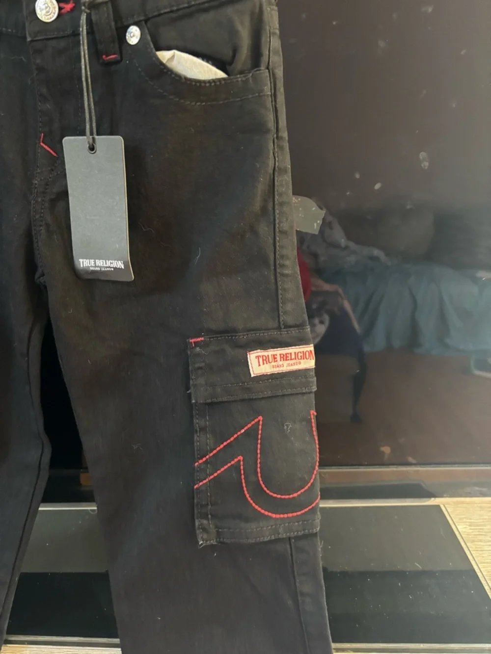 True Religion Boys' Black Jeans with Red Stitching Accent
